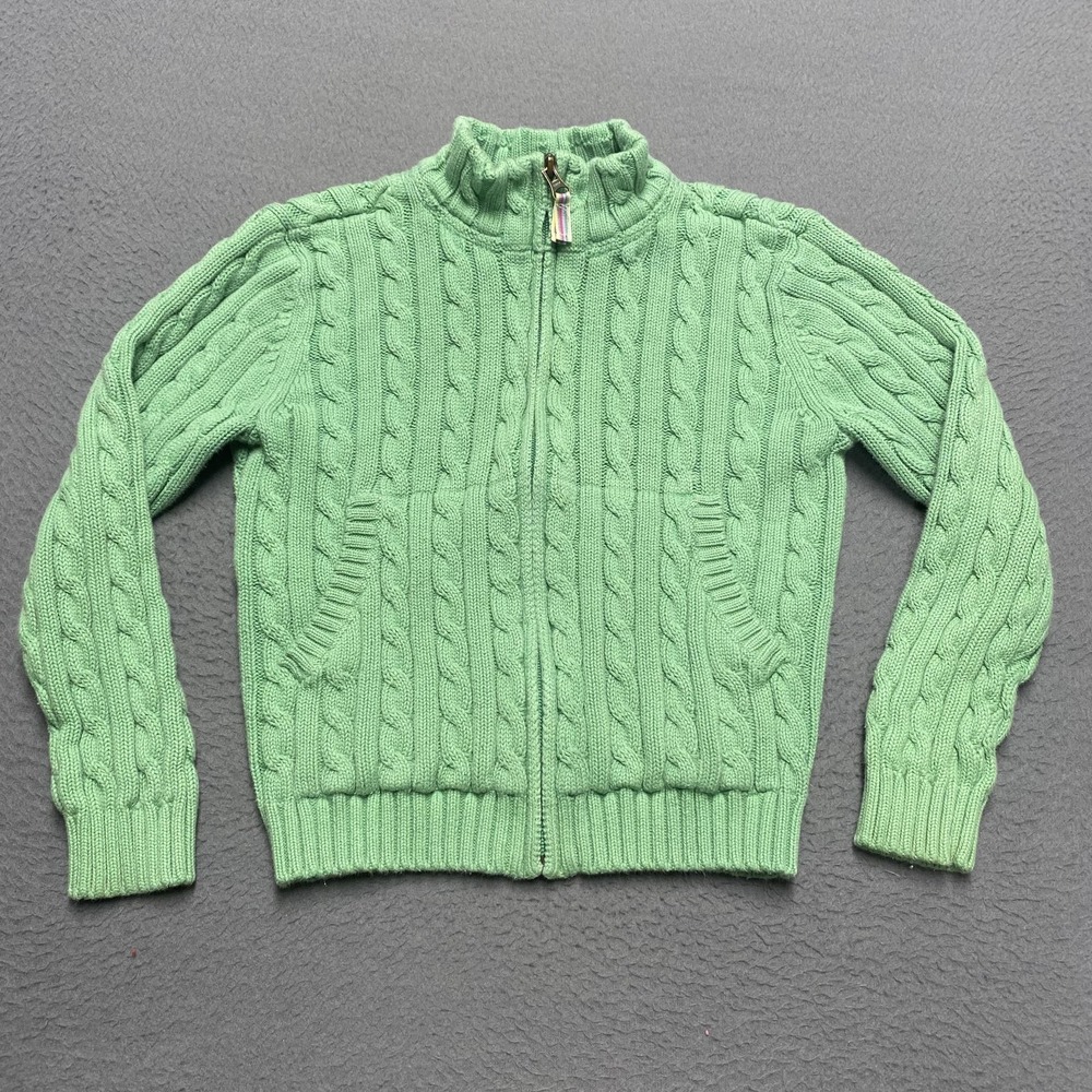 VTG L.L.Bean Sweater Girls 8 Green Cable Knit Full Zip Mock Neck Pockets‎ 90s